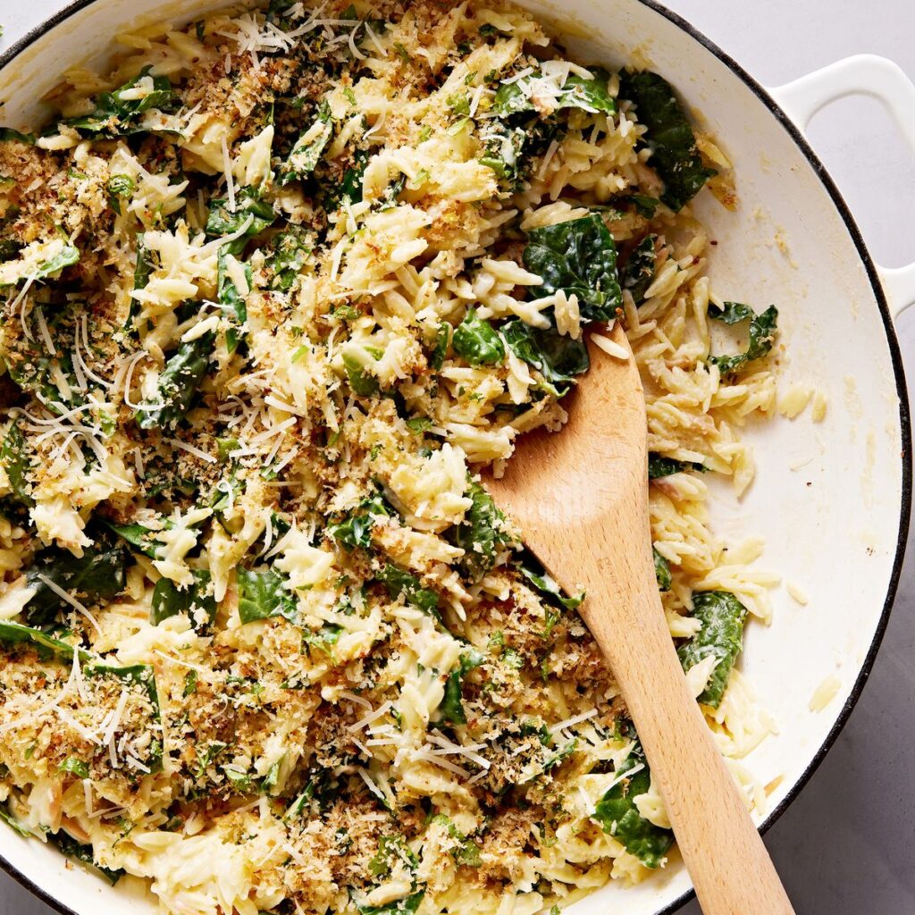 Cheesy Kale Orzo With Herbed Bread Crumbs