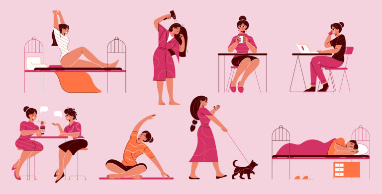 woman-daily-routine-set-with-isolated-icons-with-doodle-style-female-characters-during-various-everyday-activities-illustration