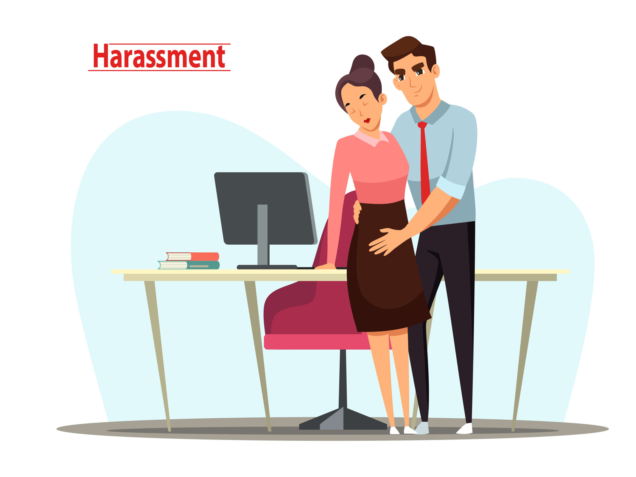 sexual abuse incident among business people male boss employee harassing sad woman unwanted bad experience office adult colleagues standing computer desk workplace