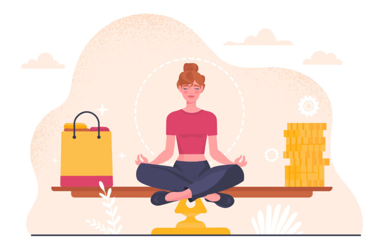 stability weights concept woman sitting money shopping package with goods financial litearacy accounting budgeting choice solution cartoon flat vector illustration