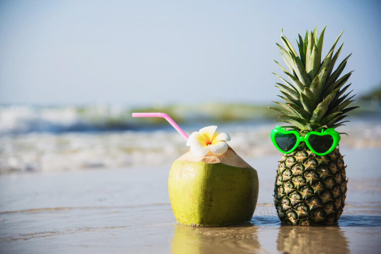 fresh coconut pineapple put sun lovely glasses clean sand beach with sea wave fresh fruit with sea sand sun vacation concept