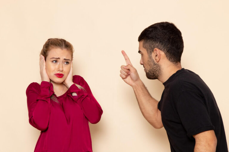 front view young female red shirt suffers from physical threats violence cream space female cloth photo domestic violence