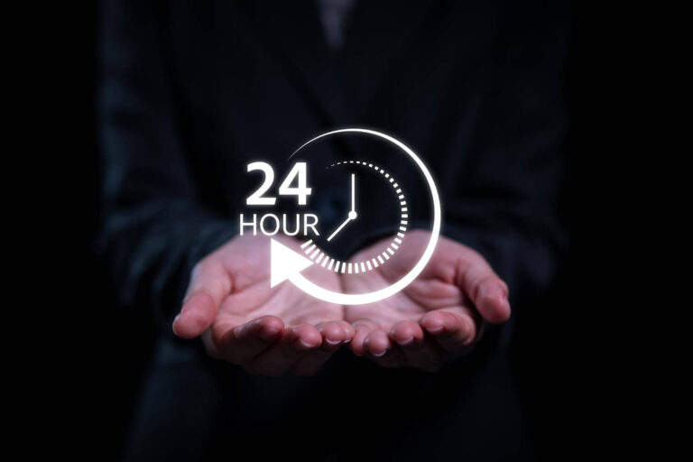 hands with symbol 24 hours clock