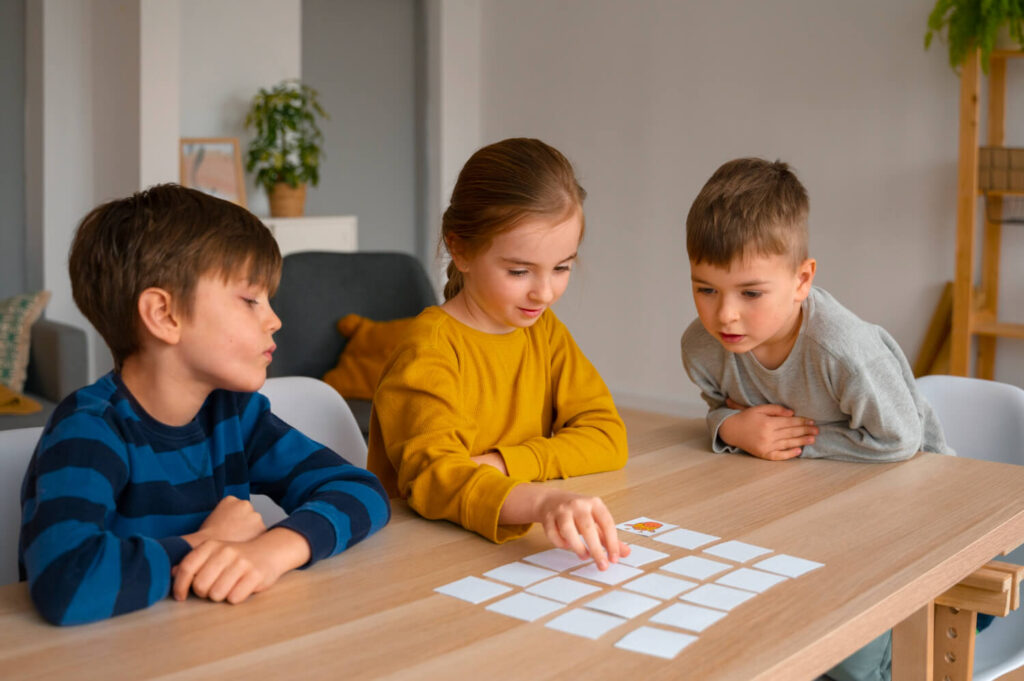 medium shot children playing memory game