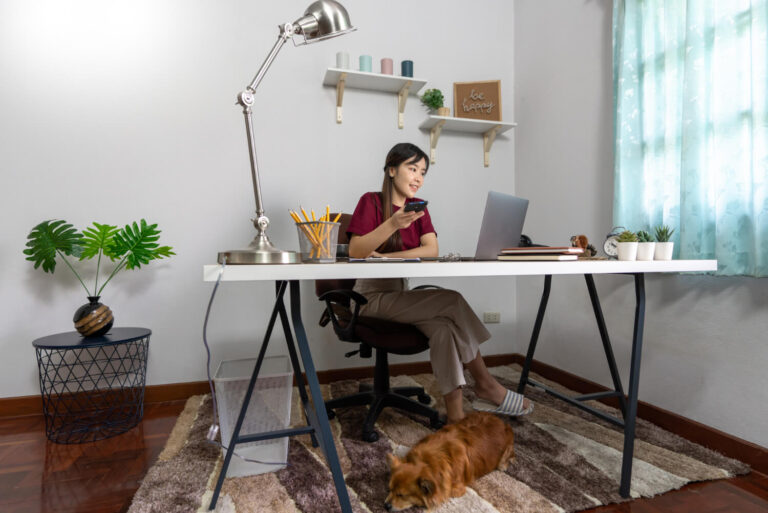 young beautiful Asian woman working home