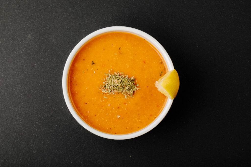 lentil soup with spices lemon slice