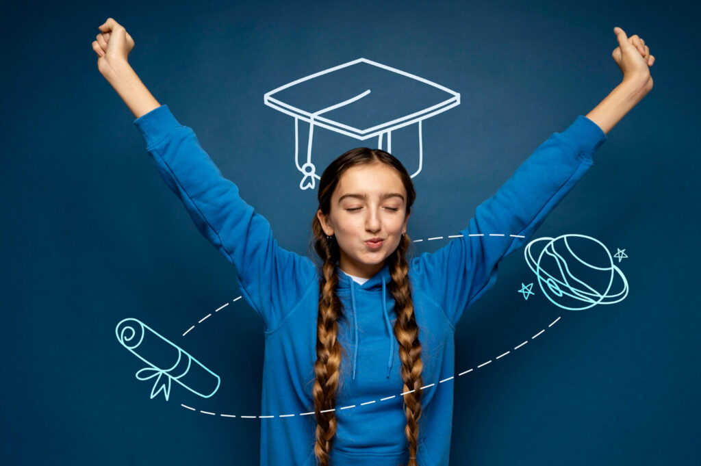 medium shot girl posing with graduation background