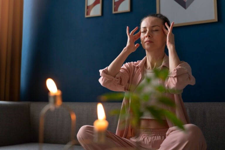 side view woman practicing facial yoga