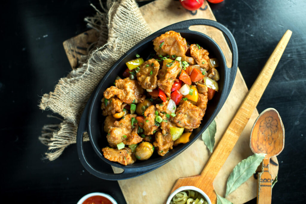 top view fried meat with vegetables pan boar