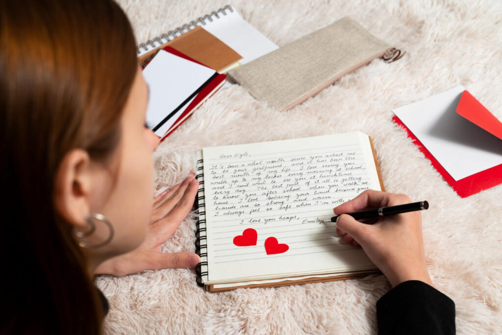 woman writing romantic love letter someone