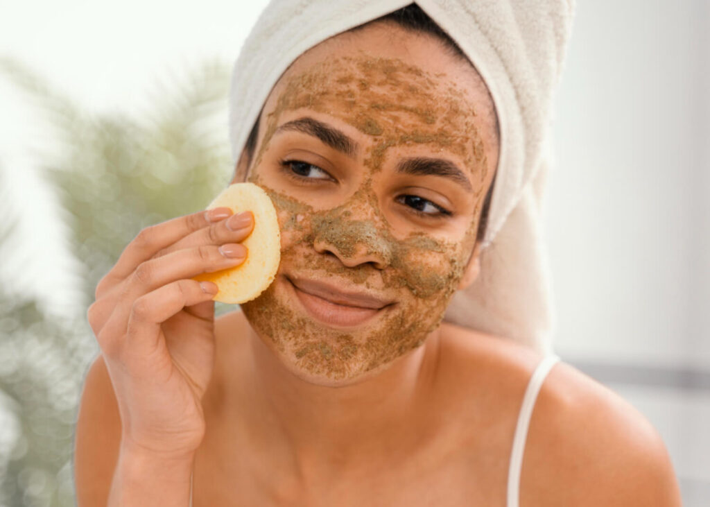 young woman having homemade mask her face