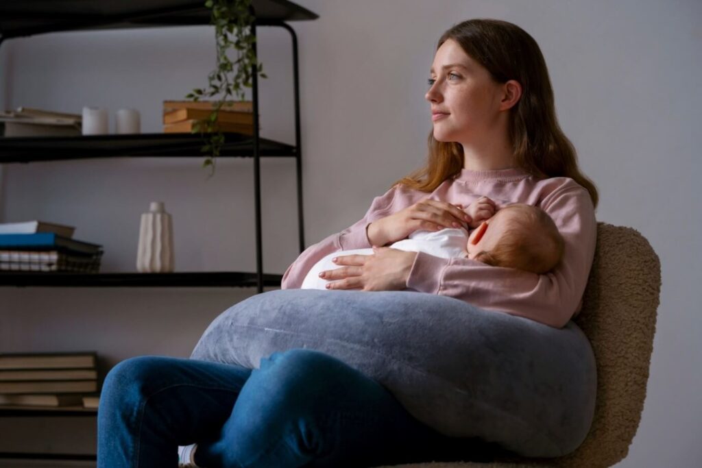 A woman in a pink shirt and blue jeans sitting in an armchair, breastfeeding a baby with the support of a gray nursing pillow. In the background, there's a black shelving unit with books, a folded blanket, a decorative lamp, and a hanging plant.
