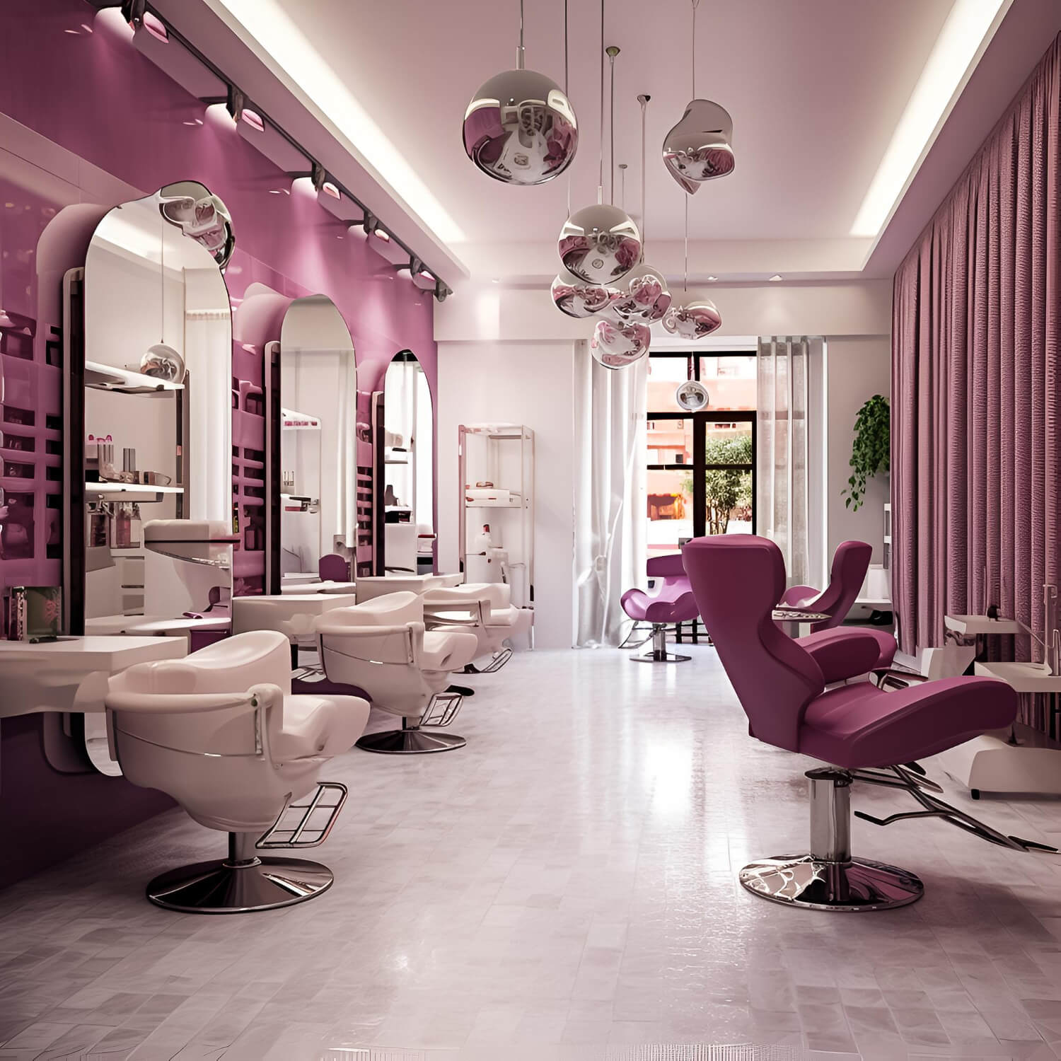 Best Hair Salons in Dubai with pink chair table withchairs large window