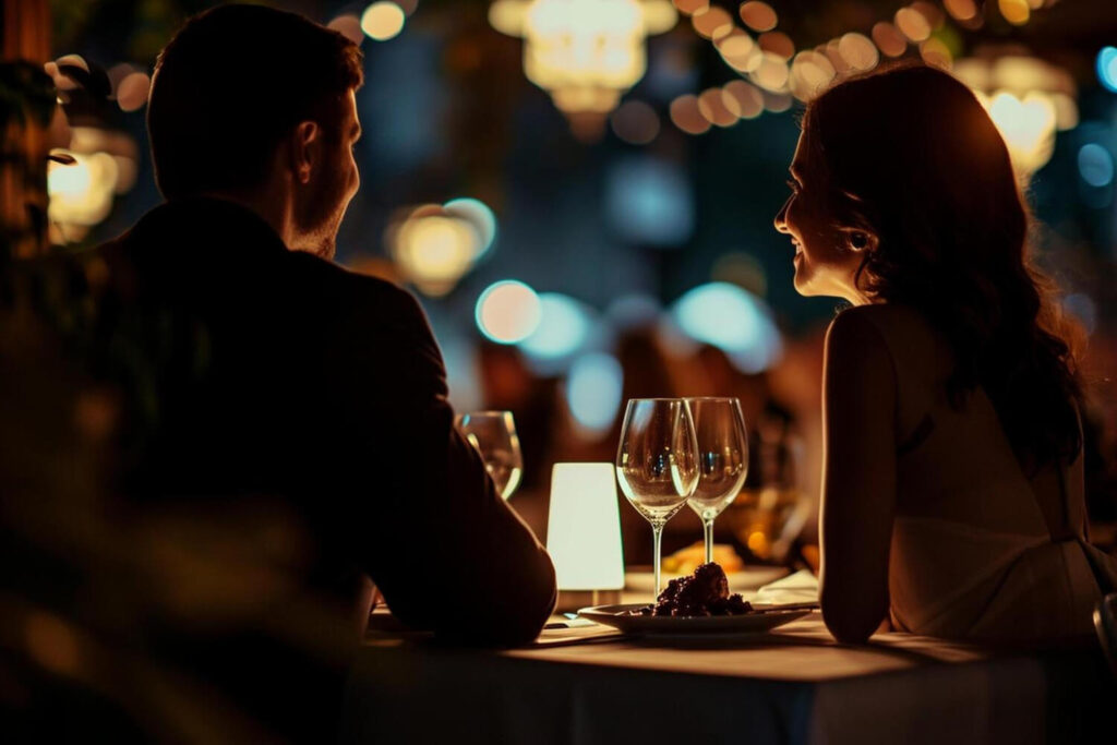 man woman sitting table with wine glasse: cheap date ideas at night