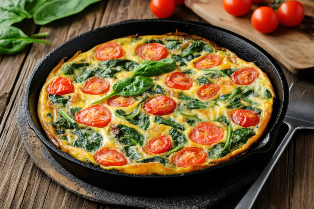 vibrant spinach tomato frittata cast iron skillet healthy cooking